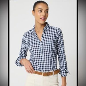 J Crew size L lightweight cotton navy gingham button front blouse preppy shirt